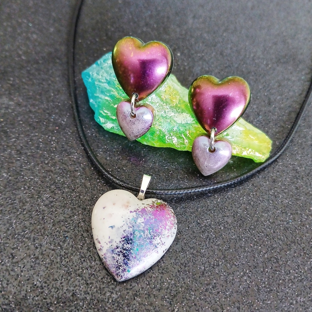 Metallic rainbow color shift heart necklace and gangle earrings set new handmade